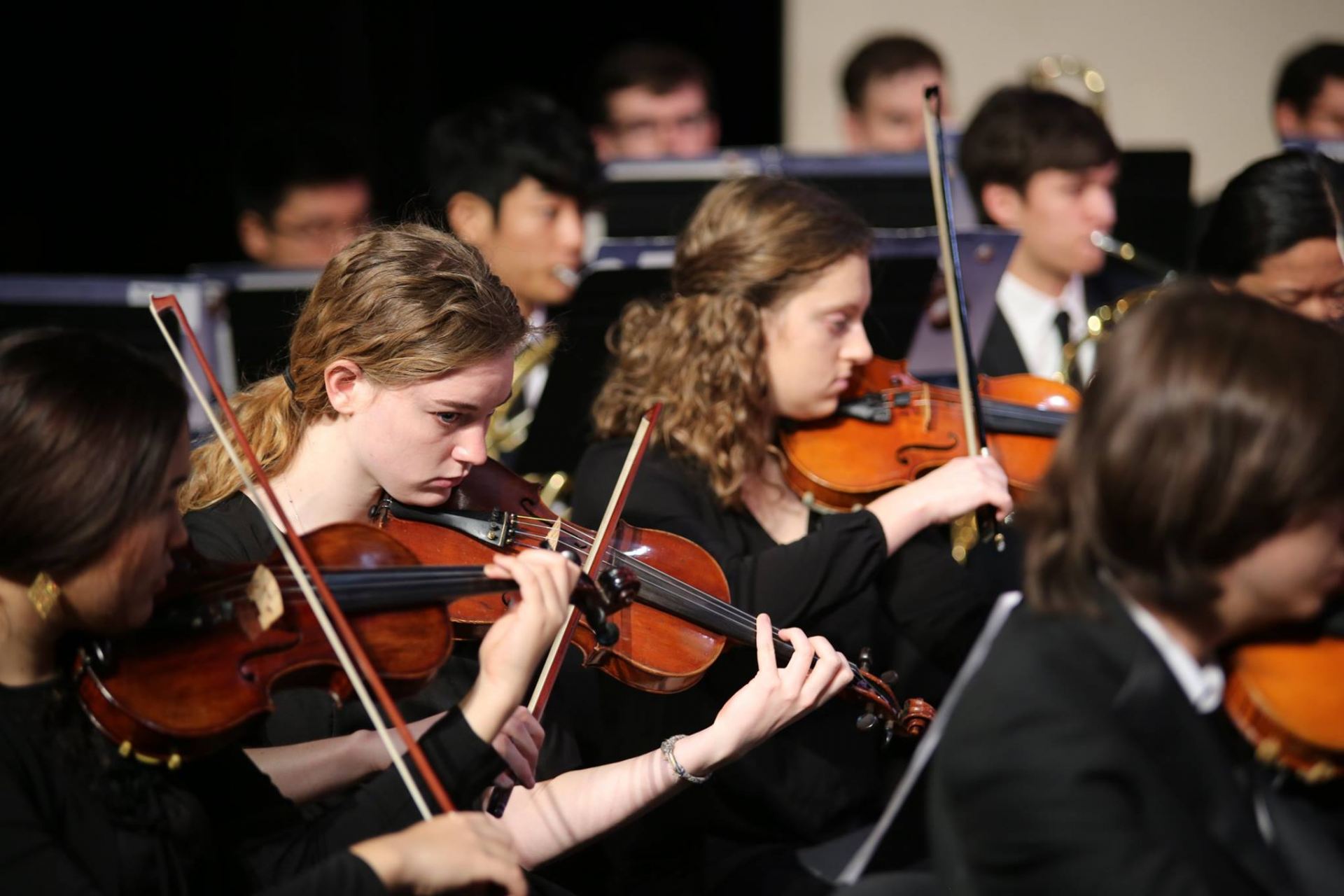Violinists performing in the orchestra