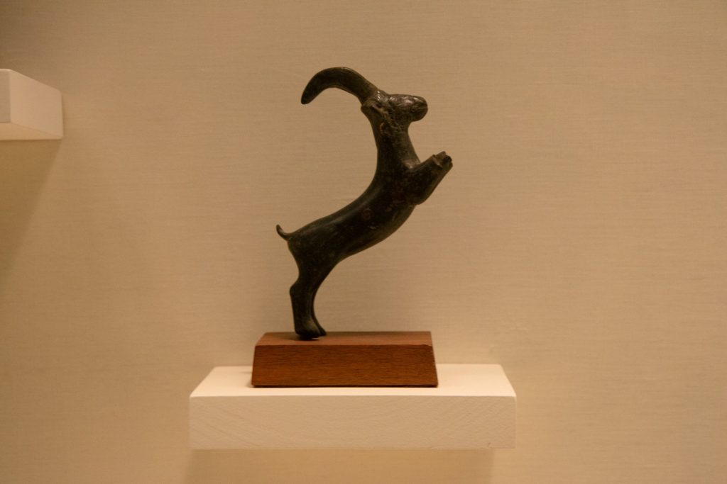 The Achaemenian handle of a vessel shaped like an Ibex, a piece from Iran from the 6th-5th century B.C., located in the Silk Road gallery on the museum’s third floor.