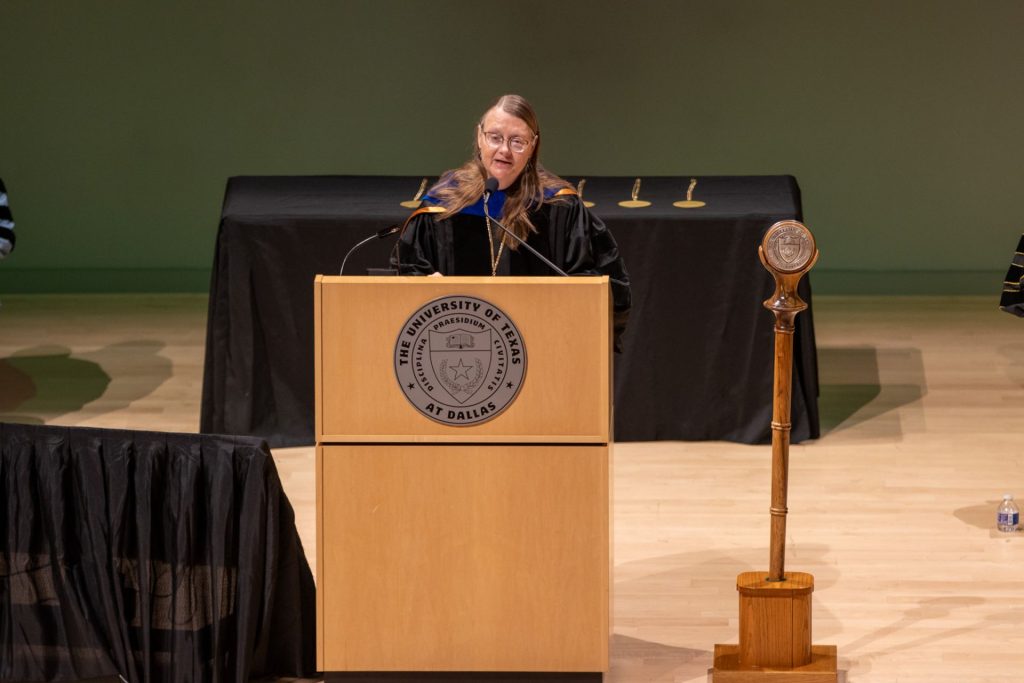 Dr. Erika Doss, the Edith O'Donnell Distinguished Chair, was bestowed during the 2024 Investiture Ceremony at the Edith O’Donnell Arts and Technology Building Lecture Hall on April 18th.
