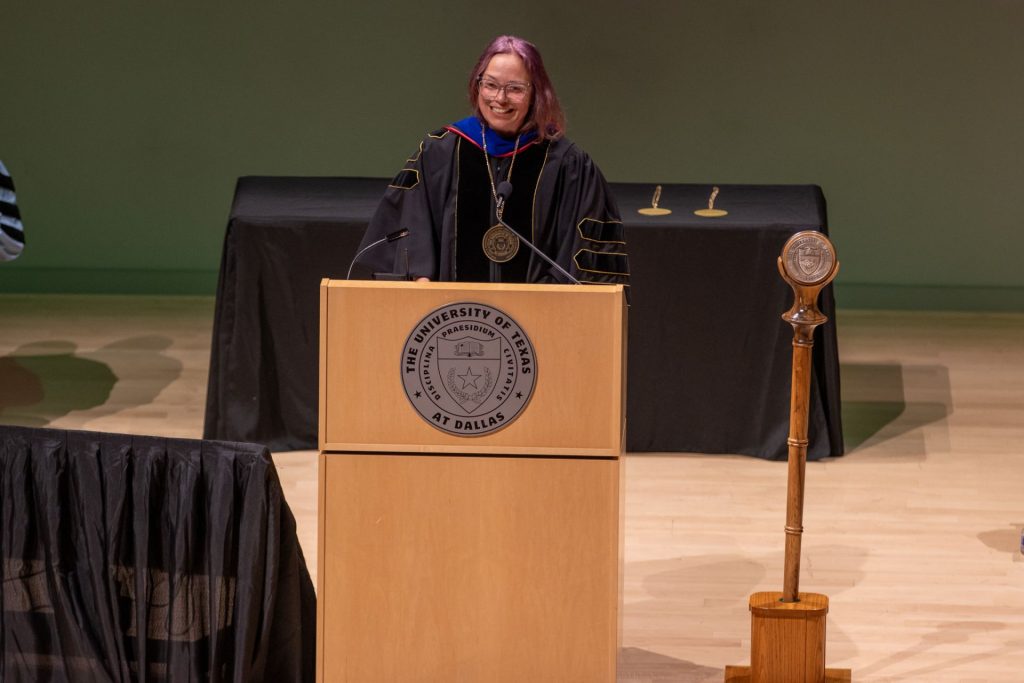 Dr. Charissa N. Terranova, Margaret M. McDermott Distinguished Chair of Art and Aesthetic Studies, was bestowed and gave a speech during the 2024 Investiture Ceremony at the Edith O’Donnell Arts and Technology Building Lecture Hall on April 18th.