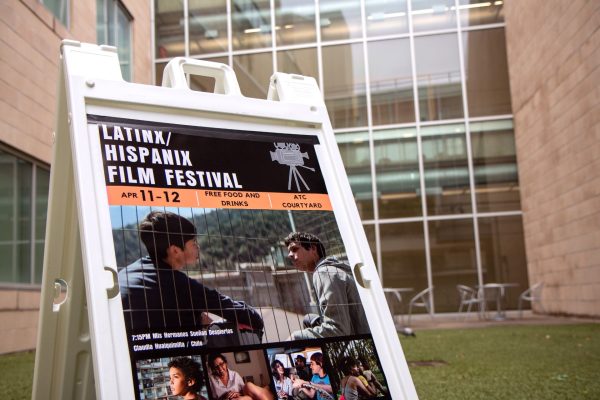 A promotional poster of CUSLAI’s Hispanx / Latinx Film Festival at the ATC Courtyard, between the Edith O'Donnell Arts and Technology Bldg. (ATC) and the UT Dallas Eugene McDermott Library, where the festival will take place.
